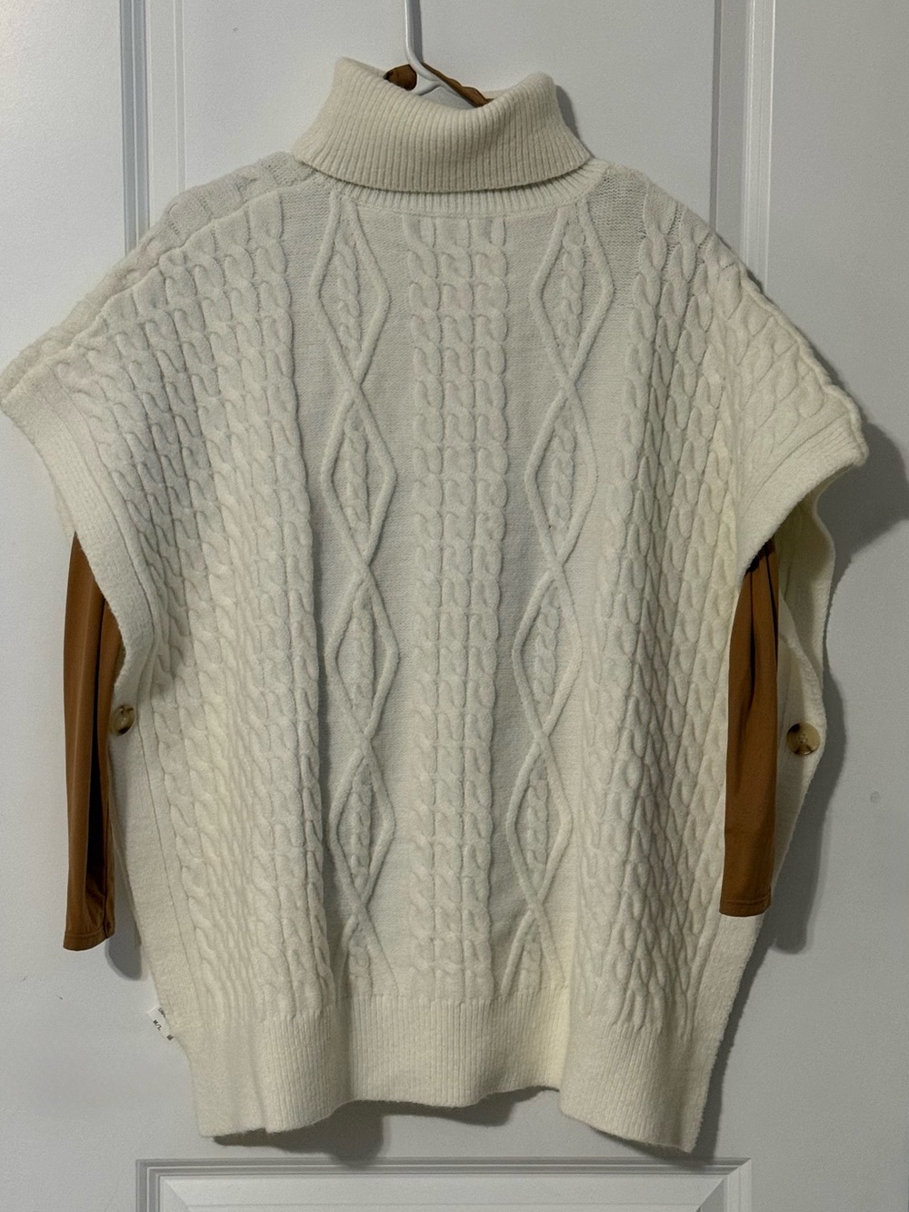 Cream Cable-Knit Turtleneck Poncho Sweater, M/L